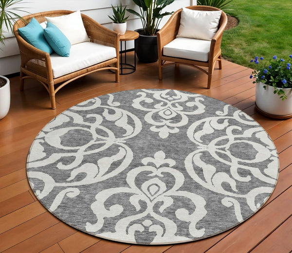 HomeRoots 5' Gray and Ivory Damask Area Rug – Elegant, Durable, Machine Washable for Indoor and Outdoor Spaces 8' Round 614433