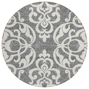 HomeRoots 5' Gray and Ivory Damask Area Rug – Elegant, Durable, Machine Washable for Indoor and Outdoor Spaces 8' Round 614433