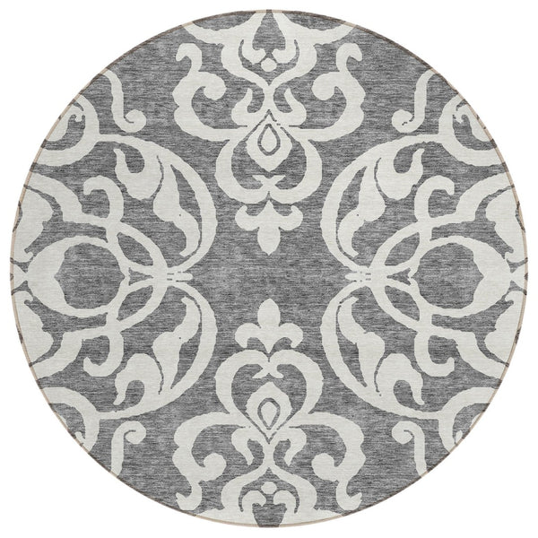 HomeRoots 5' Gray and Ivory Damask Area Rug – Elegant, Durable, Machine Washable for Indoor and Outdoor Spaces 8' Round 614433