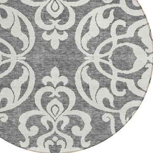 HomeRoots 5' Gray and Ivory Damask Area Rug – Elegant, Durable, Machine Washable for Indoor and Outdoor Spaces 8' Round 614433