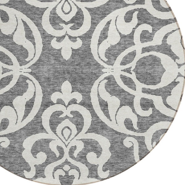 HomeRoots 5' Gray and Ivory Damask Area Rug – Elegant, Durable, Machine Washable for Indoor and Outdoor Spaces 8' Round 614433