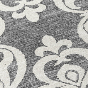 HomeRoots 5' Gray and Ivory Damask Area Rug – Elegant, Durable, Machine Washable for Indoor and Outdoor Spaces 8' Round 614433
