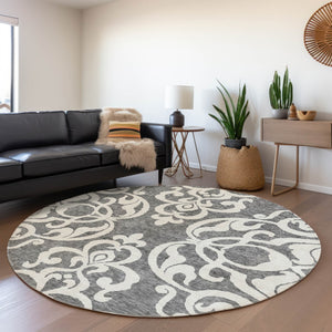 HomeRoots 5' Gray and Ivory Damask Area Rug – Elegant, Durable, Machine Washable for Indoor and Outdoor Spaces 8' Round 614433