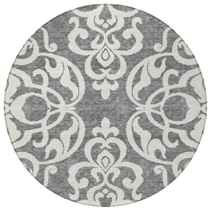 HomeRoots 5' Gray and Ivory Damask Area Rug – Elegant, Durable, Machine Washable for Indoor and Outdoor Spaces 8' Round 614433