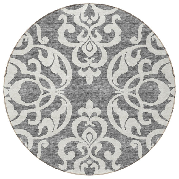 HomeRoots 5' Gray and Ivory Damask Area Rug – Elegant, Durable, Machine Washable for Indoor and Outdoor Spaces 8' Round 614433