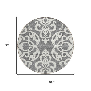 HomeRoots 5' Gray and Ivory Damask Area Rug – Elegant, Durable, Machine Washable for Indoor and Outdoor Spaces 8' Round 614433