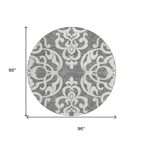 HomeRoots 5' Gray and Ivory Damask Area Rug – Elegant, Durable, Machine Washable for Indoor and Outdoor Spaces 8' Round 614433
