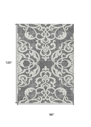 HomeRoots 5' Gray and Ivory Damask Area Rug – Elegant, Durable, Machine Washable for Indoor and Outdoor Spaces 8' X 10' 614434