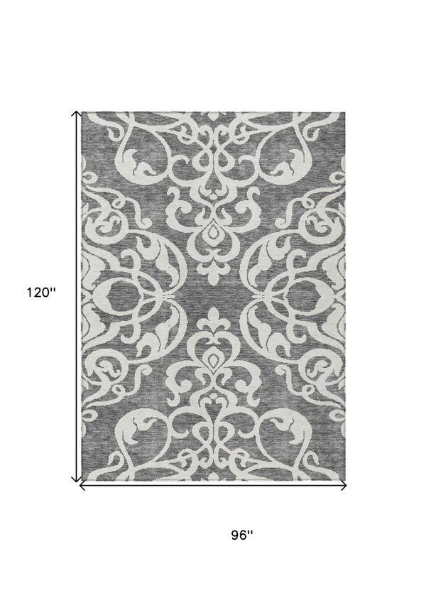 HomeRoots 5' Gray and Ivory Damask Area Rug – Elegant, Durable, Machine Washable for Indoor and Outdoor Spaces 8' X 10' 614434
