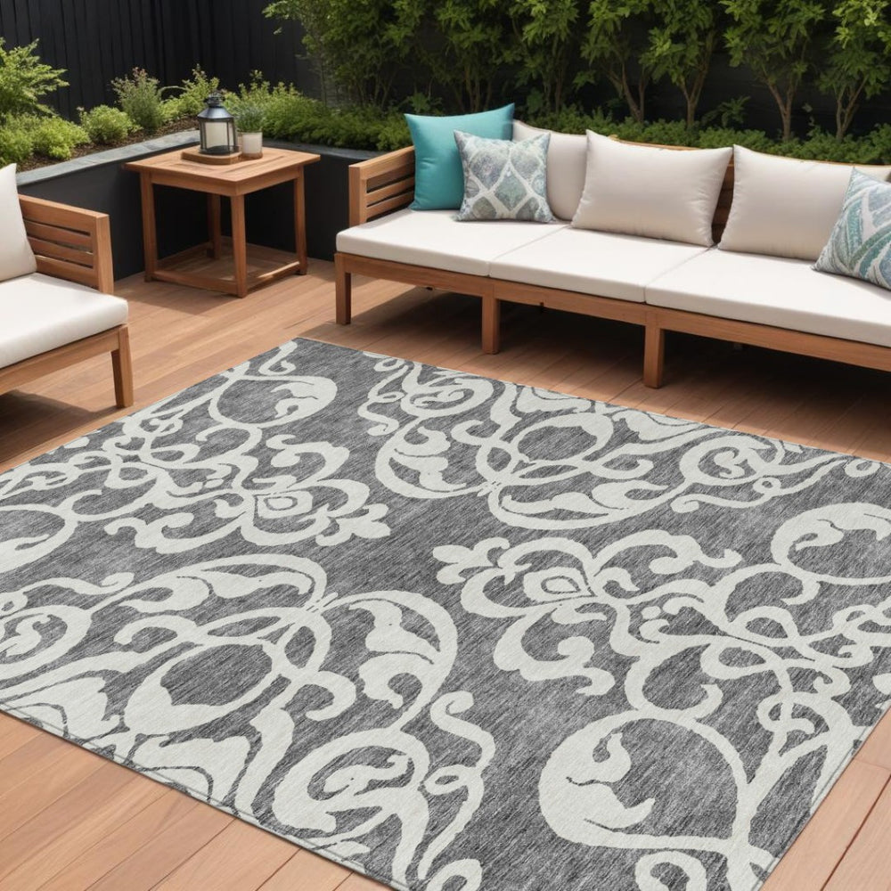 HomeRoots 5' Gray and Ivory Damask Area Rug – Elegant, Durable, Machine Washable for Indoor and Outdoor Spaces 8' X 10' 614434