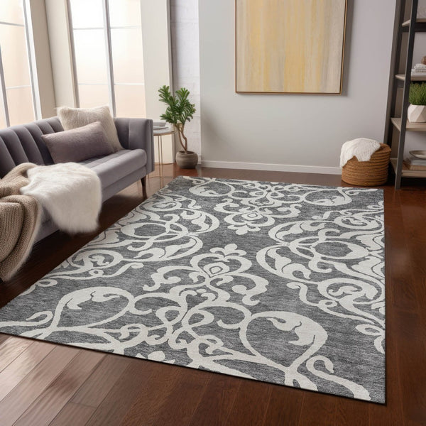 HomeRoots 5' Gray and Ivory Damask Area Rug – Elegant, Durable, Machine Washable for Indoor and Outdoor Spaces 8' X 10' 614434