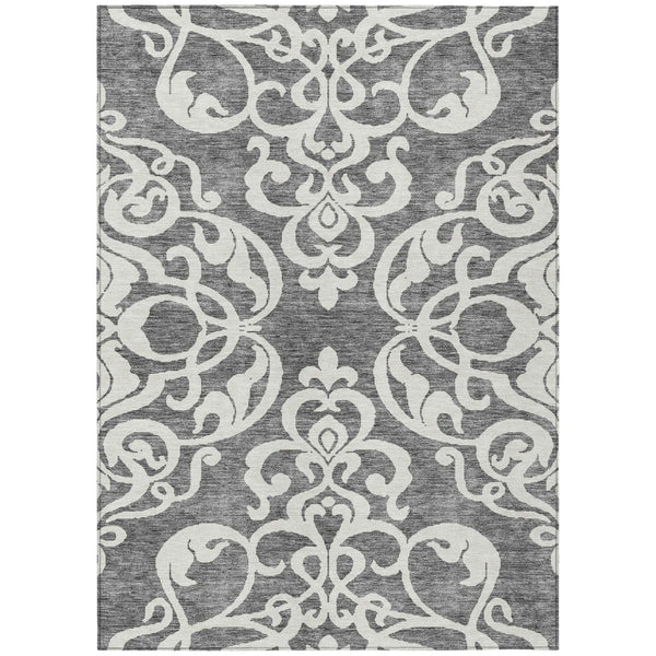HomeRoots 5' Gray and Ivory Damask Area Rug – Elegant, Durable, Machine Washable for Indoor and Outdoor Spaces 9' X 12' 614435