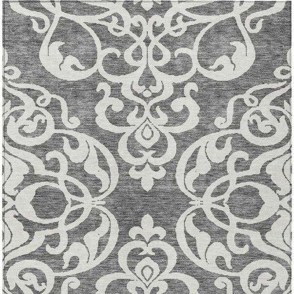 HomeRoots 5' Gray and Ivory Damask Area Rug – Elegant, Durable, Machine Washable for Indoor and Outdoor Spaces 9' X 12' 614435