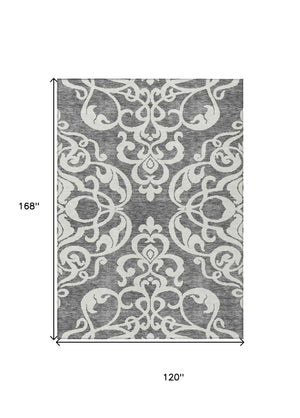 HomeRoots 5' Gray and Ivory Damask Area Rug – Elegant, Durable, Machine Washable for Indoor and Outdoor Spaces 10' X 14' 614436