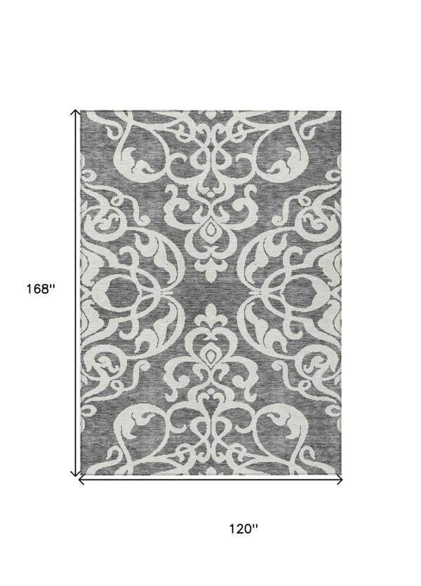HomeRoots 5' Gray and Ivory Damask Area Rug – Elegant, Durable, Machine Washable for Indoor and Outdoor Spaces 10' X 14' 614436