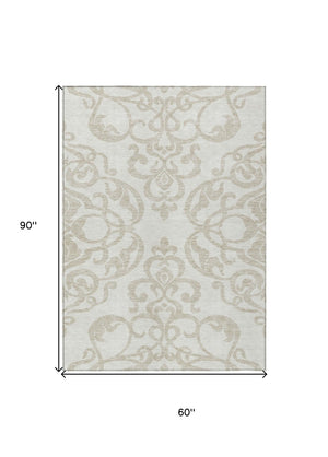 HomeRoots 5' Timeless Ivory and Beige Damask Area Rug - Durable, Washable, Indoor Outdoor Elegance for Any Space 5' X 8' 614438