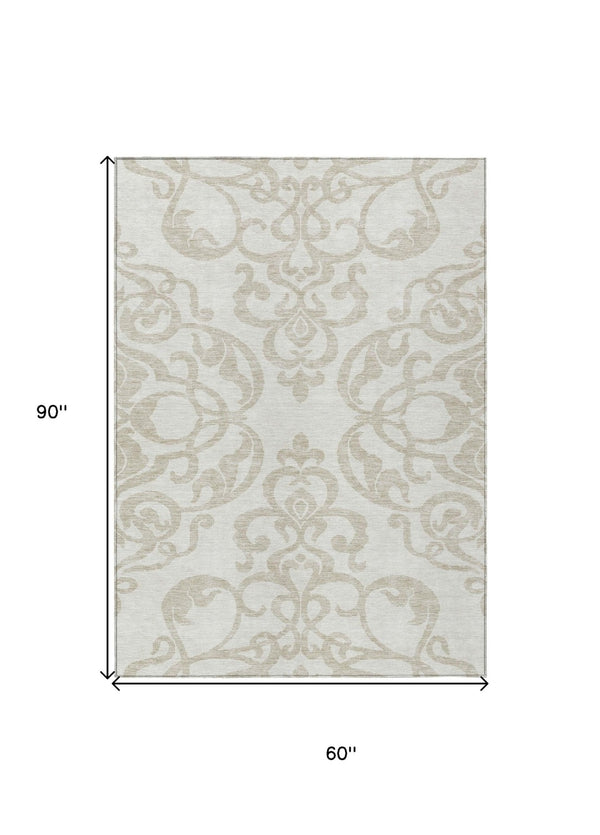 HomeRoots 5' Timeless Ivory and Beige Damask Area Rug - Durable, Washable, Indoor Outdoor Elegance for Any Space 5' X 8' 614438