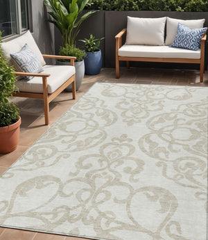 HomeRoots 5' Timeless Ivory and Beige Damask Area Rug - Durable, Washable, Indoor Outdoor Elegance for Any Space 5' X 8' 614438