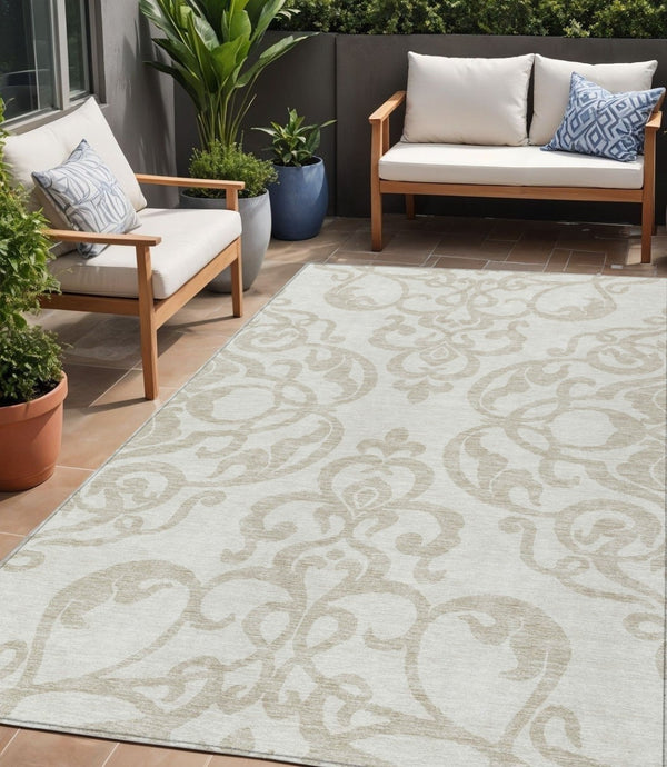 HomeRoots 5' Timeless Ivory and Beige Damask Area Rug - Durable, Washable, Indoor Outdoor Elegance for Any Space 5' X 8' 614438