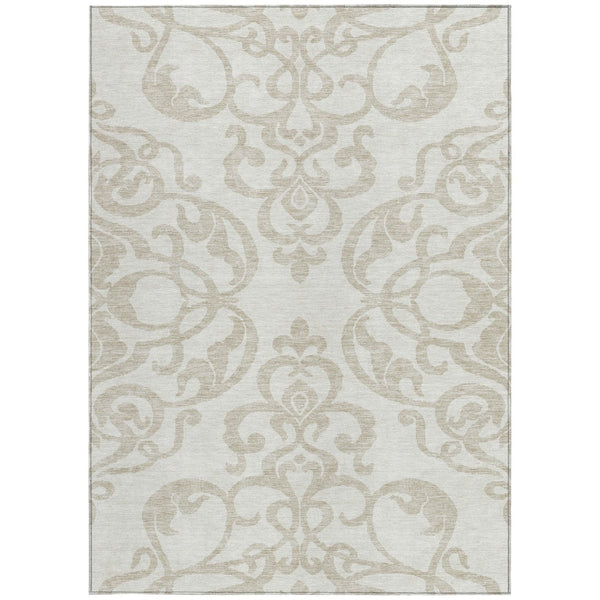 HomeRoots 5' Timeless Ivory and Beige Damask Area Rug - Durable, Washable, Indoor Outdoor Elegance for Any Space 5' X 8' 614438