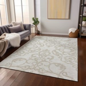 HomeRoots 5' Timeless Ivory and Beige Damask Area Rug - Durable, Washable, Indoor Outdoor Elegance for Any Space 5' X 8' 614438