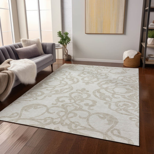 HomeRoots 5' Timeless Ivory and Beige Damask Area Rug - Durable, Washable, Indoor Outdoor Elegance for Any Space 5' X 8' 614438