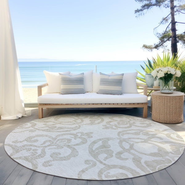 HomeRoots 5' Timeless Ivory and Beige Damask Area Rug - Durable, Washable, Indoor Outdoor Elegance for Any Space 8' Round 614439