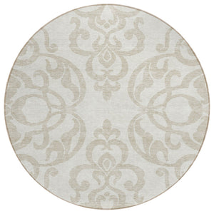 HomeRoots 5' Timeless Ivory and Beige Damask Area Rug - Durable, Washable, Indoor Outdoor Elegance for Any Space 8' Round 614439