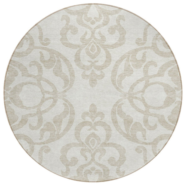 HomeRoots 5' Timeless Ivory and Beige Damask Area Rug - Durable, Washable, Indoor Outdoor Elegance for Any Space 8' Round 614439