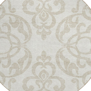 HomeRoots 5' Timeless Ivory and Beige Damask Area Rug - Durable, Washable, Indoor Outdoor Elegance for Any Space 8' Round 614439