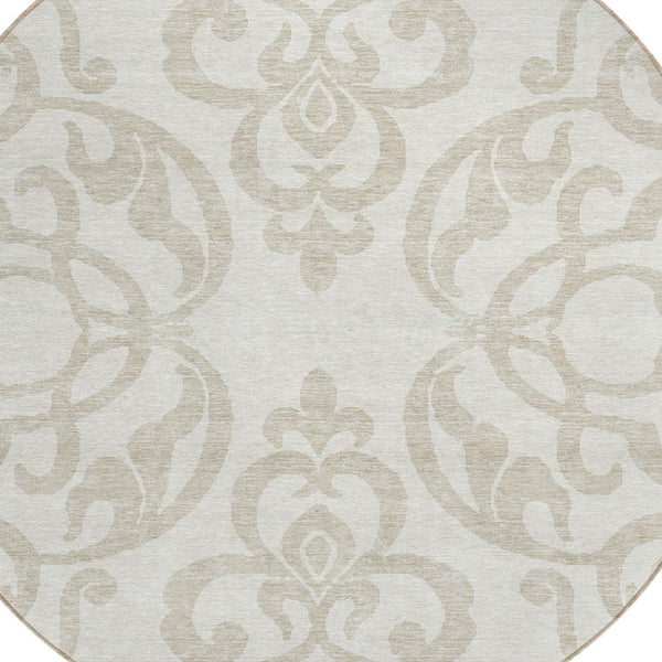 HomeRoots 5' Timeless Ivory and Beige Damask Area Rug - Durable, Washable, Indoor Outdoor Elegance for Any Space 8' Round 614439