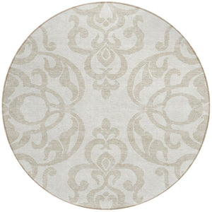 HomeRoots 5' Timeless Ivory and Beige Damask Area Rug - Durable, Washable, Indoor Outdoor Elegance for Any Space 8' Round 614439