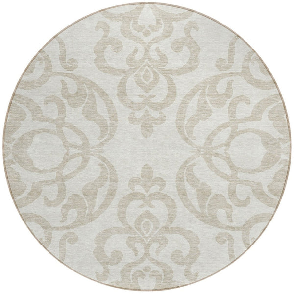 HomeRoots 5' Timeless Ivory and Beige Damask Area Rug - Durable, Washable, Indoor Outdoor Elegance for Any Space 8' Round 614439