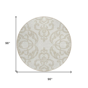 HomeRoots 5' Timeless Ivory and Beige Damask Area Rug - Durable, Washable, Indoor Outdoor Elegance for Any Space 8' Round 614439