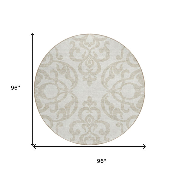 HomeRoots 5' Timeless Ivory and Beige Damask Area Rug - Durable, Washable, Indoor Outdoor Elegance for Any Space 8' Round 614439