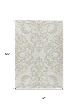 HomeRoots 5' Timeless Ivory and Beige Damask Area Rug - Durable, Washable, Indoor Outdoor Elegance for Any Space 8' X 10' 614440