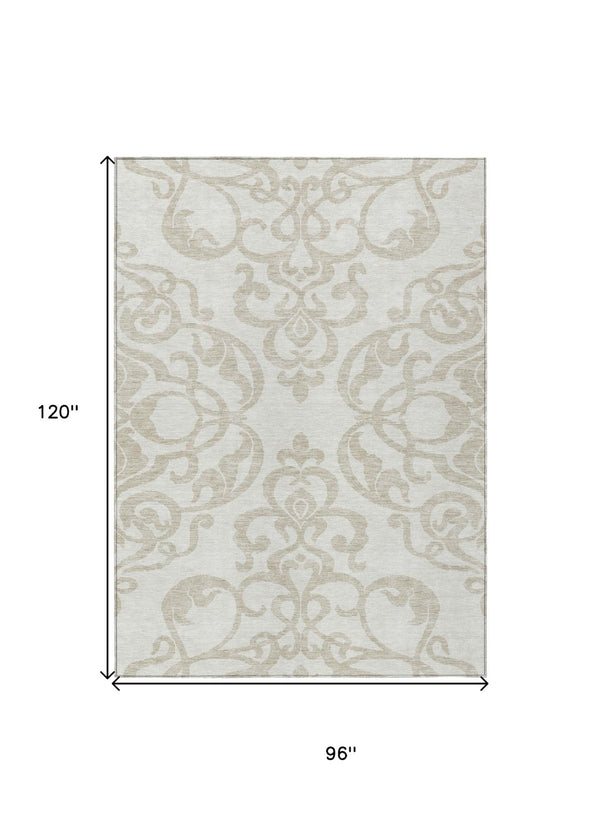 HomeRoots 5' Timeless Ivory and Beige Damask Area Rug - Durable, Washable, Indoor Outdoor Elegance for Any Space 8' X 10' 614440