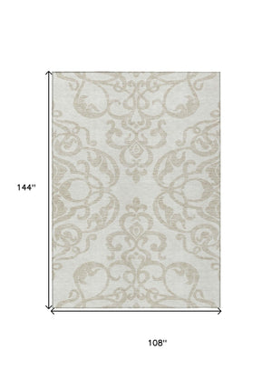 HomeRoots 5' Timeless Ivory and Beige Damask Area Rug - Durable, Washable, Indoor Outdoor Elegance for Any Space 9' X 12' 614441