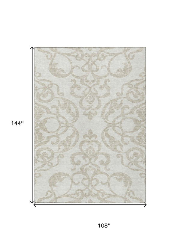 HomeRoots 5' Timeless Ivory and Beige Damask Area Rug - Durable, Washable, Indoor Outdoor Elegance for Any Space 9' X 12' 614441