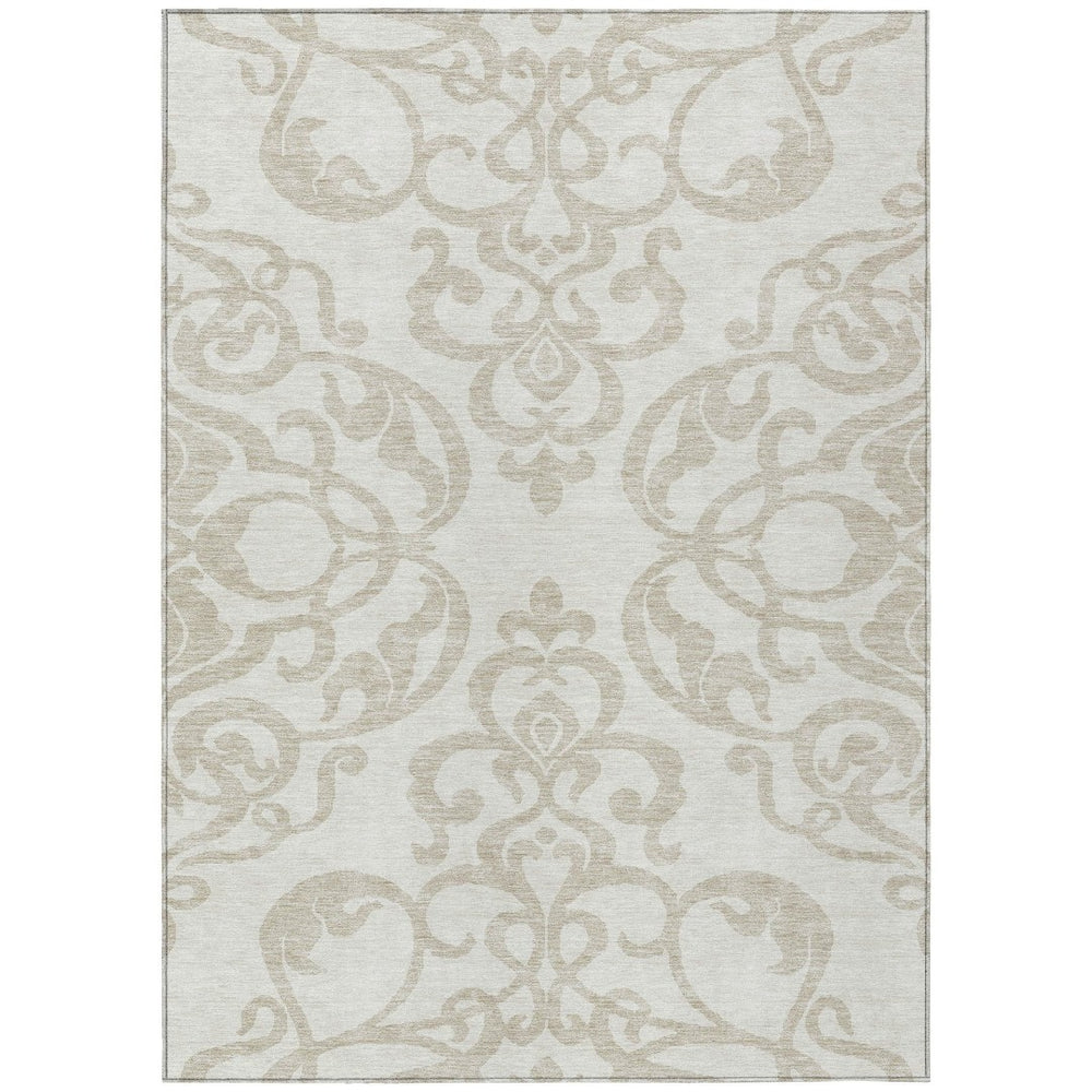 HomeRoots 5' Timeless Ivory and Beige Damask Area Rug - Durable, Washable, Indoor Outdoor Elegance for Any Space 9' X 12' 614441
