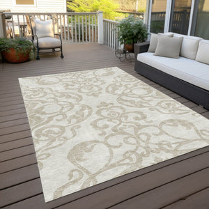 HomeRoots 5' Timeless Ivory and Beige Damask Area Rug - Durable, Washable, Indoor Outdoor Elegance for Any Space 10' X 14' 614442