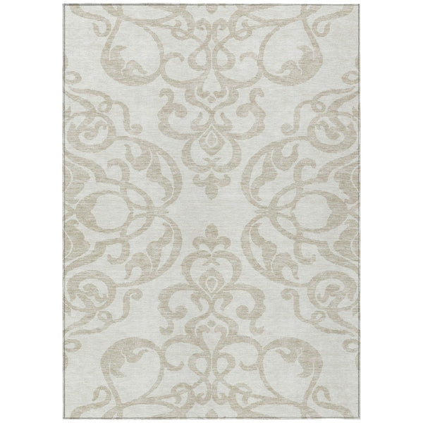 HomeRoots 5' Timeless Ivory and Beige Damask Area Rug - Durable, Washable, Indoor Outdoor Elegance for Any Space 10' X 14' 614442