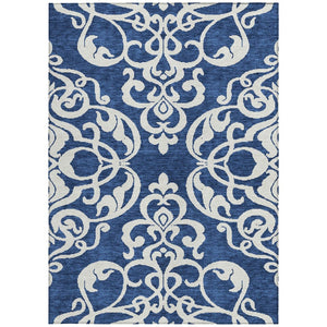 HomeRoots 5' Elegant Navy Blue and Ivory Damask Area Rug – Machine Washable for Indoor and Outdoor Use 5' X 8' 614444