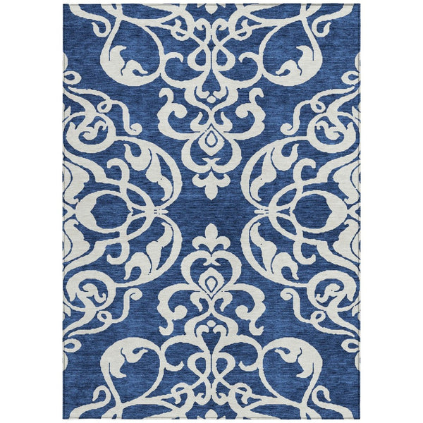 HomeRoots 5' Elegant Navy Blue and Ivory Damask Area Rug – Machine Washable for Indoor and Outdoor Use 5' X 8' 614444