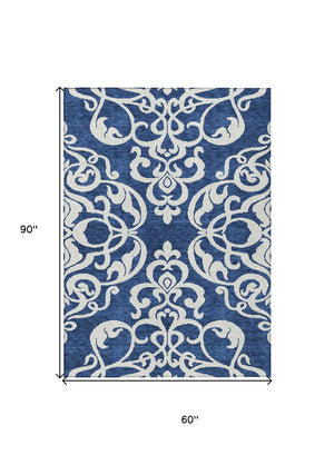 HomeRoots 5' Elegant Navy Blue and Ivory Damask Area Rug – Machine Washable for Indoor and Outdoor Use 5' X 8' 614444