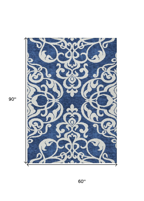 HomeRoots 5' Elegant Navy Blue and Ivory Damask Area Rug – Machine Washable for Indoor and Outdoor Use 5' X 8' 614444
