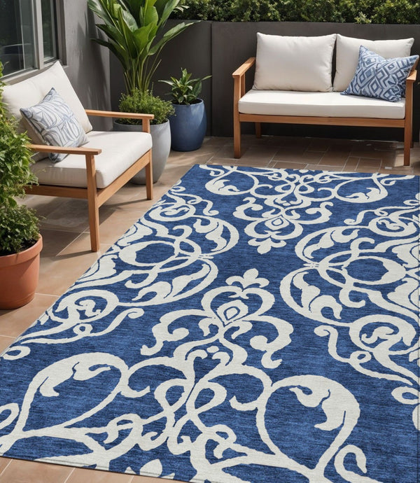 HomeRoots 5' Elegant Navy Blue and Ivory Damask Area Rug – Machine Washable for Indoor and Outdoor Use 5' X 8' 614444