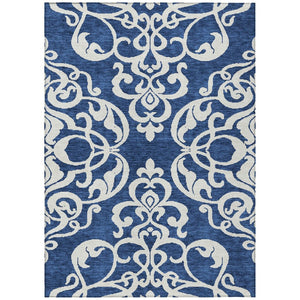HomeRoots 5' Elegant Navy Blue and Ivory Damask Area Rug – Machine Washable for Indoor and Outdoor Use 5' X 8' 614444