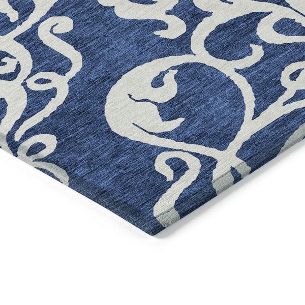 HomeRoots 5' Elegant Navy Blue and Ivory Damask Area Rug – Machine Washable for Indoor and Outdoor Use 5' X 8' 614444