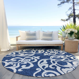 HomeRoots 5' Elegant Navy Blue and Ivory Damask Area Rug – Machine Washable for Indoor and Outdoor Use 8' Round 614445